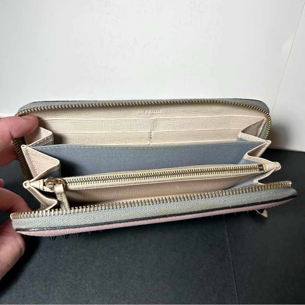 Fendi Monster Eyes Cont. Zip Around Leather Wallet Full Inclusion Pink/Gray/Stud - Picture 9 of 16
